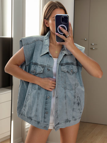 Pocketed Button Up Cap Sleeve Denim Jacket Trendsi