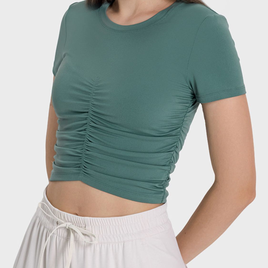 Ruched Round Neck Short Sleeve Active T-Shirt Trendsi