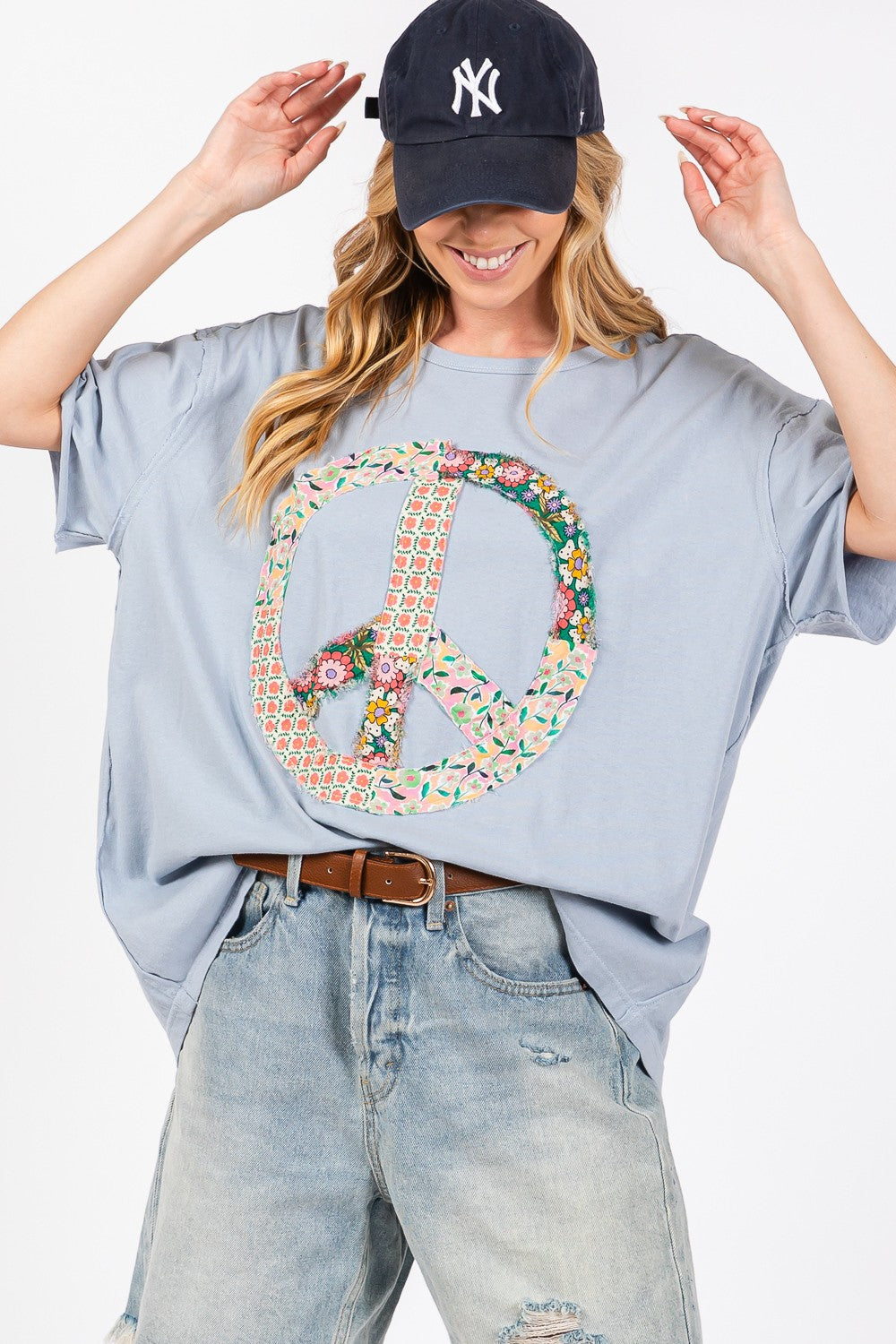 SAGE + FIG Peace Sign Round Neck Half Sleeve T-Shirt Trendsi