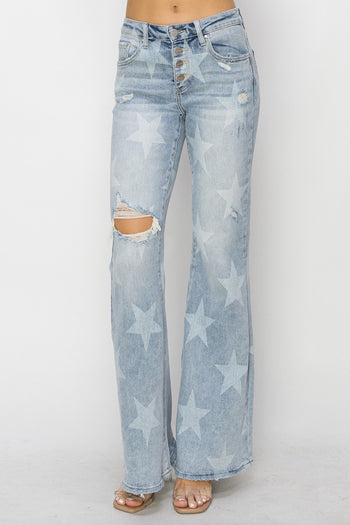 RISEN Mid Rise Button Fly Start Print Flare Jeans Trendsi