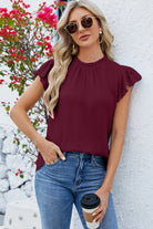 Ruffled Round Neck Cap Sleeve Blouse Casual Chic Boutique