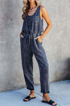 Pocketed Half Button Sleeveless Denim Jumpsuit Trendsi