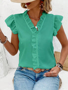 Ruffled V-Neck Cap Sleeve Blouse Trendsi