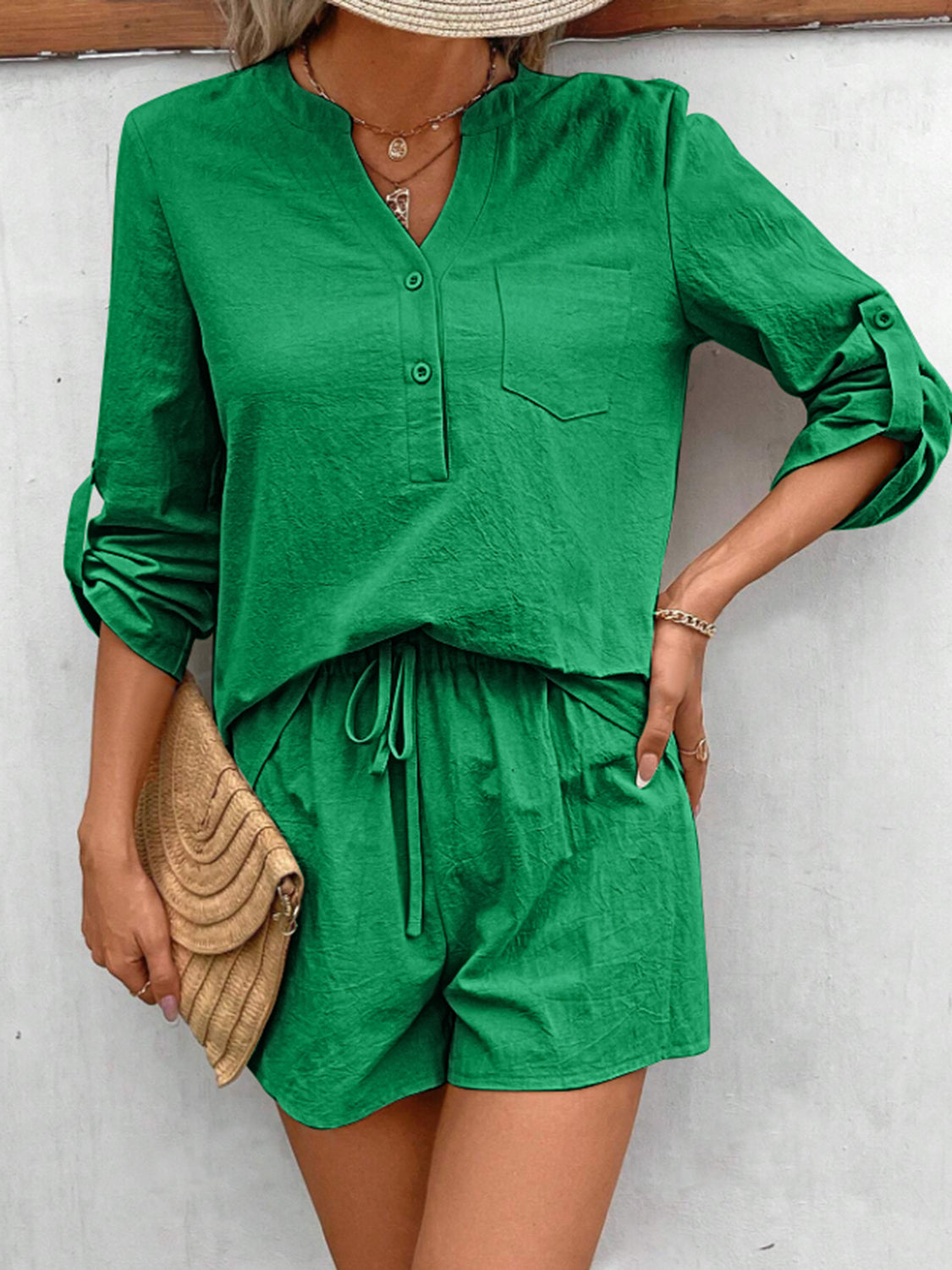 Notched Long Sleeve Top and Shorts Set Trendsi