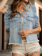 Raw Hem Ruffled Cap Sleeve Denim Jacket Trendsi