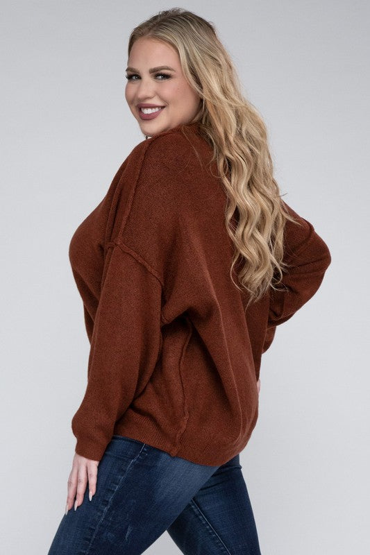 Plus Oversized Round Neck Raw Seam Melange Sweater ZENANA