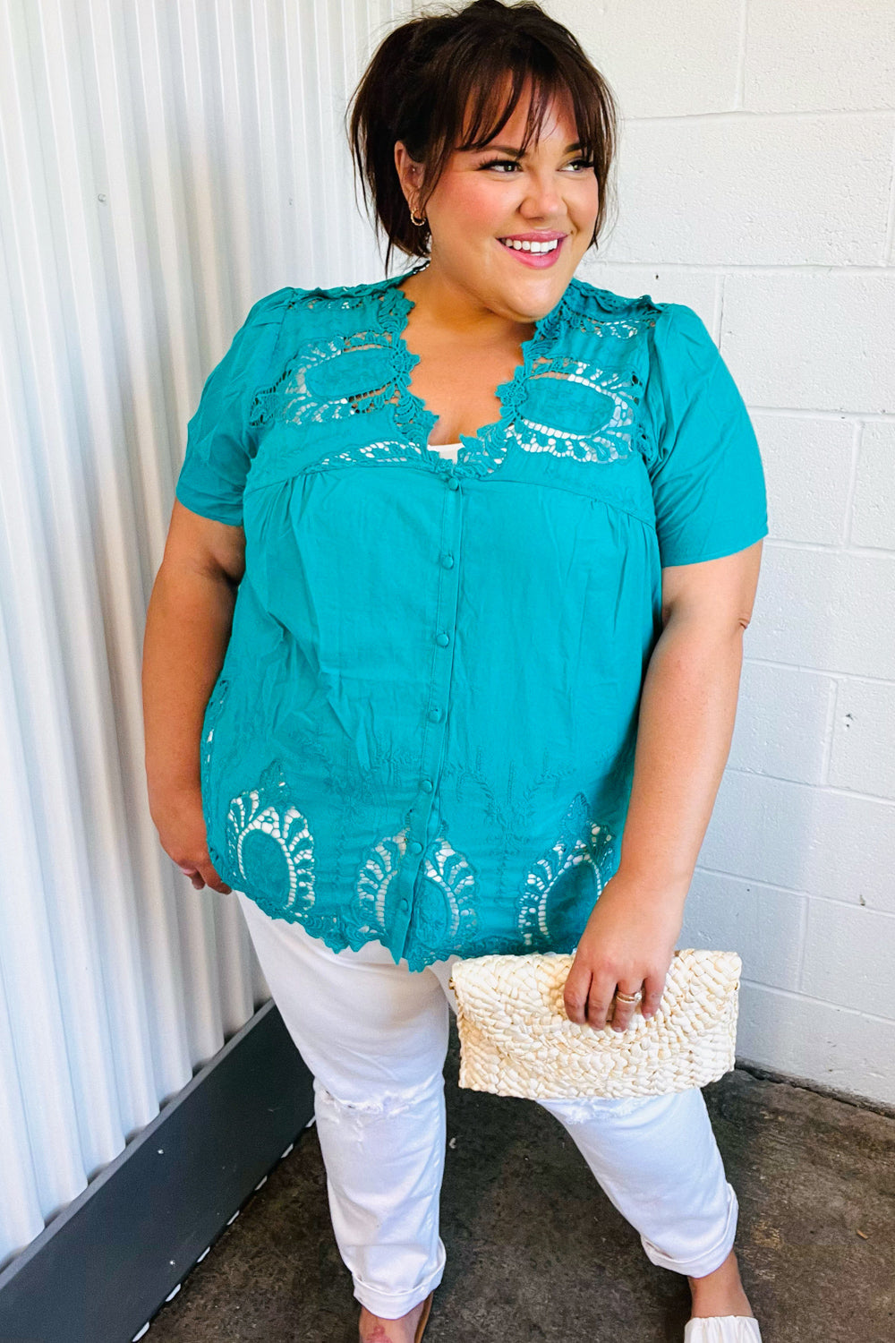 Teal Cotton Embroidered Button Down Cotton Top Haptics