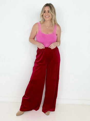 Zenana Solid Velvet Wide Leg Pants Kiwidrop