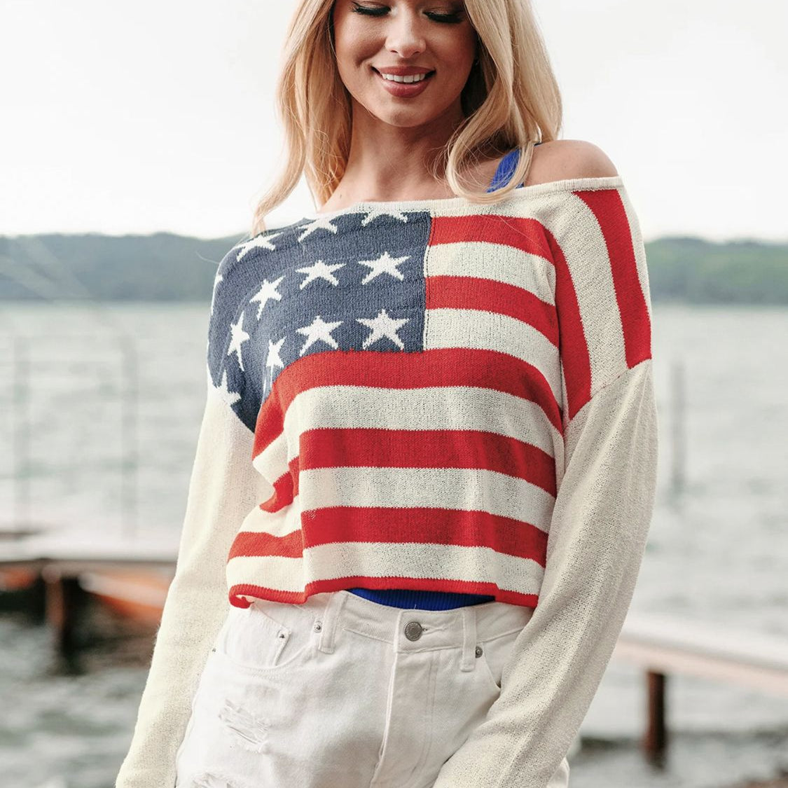 US Flag Boat Neck Long Sleeve Knit Top