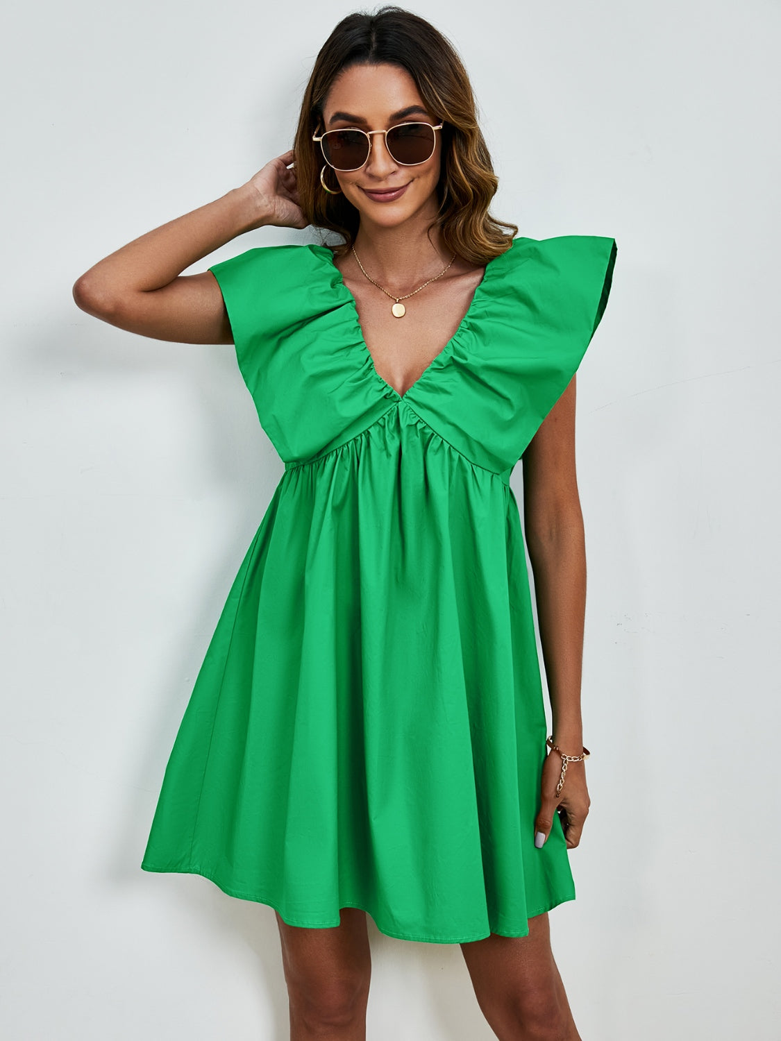 V-Neck Cap Sleeve Mini Dress Trendsi