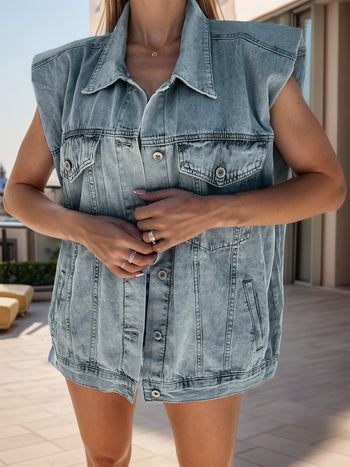 Pocketed Button Up Cap Sleeve Denim Jacket Trendsi