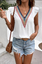 Full Size Ruffled V-Neck Cap Sleeve Blouse Trendsi