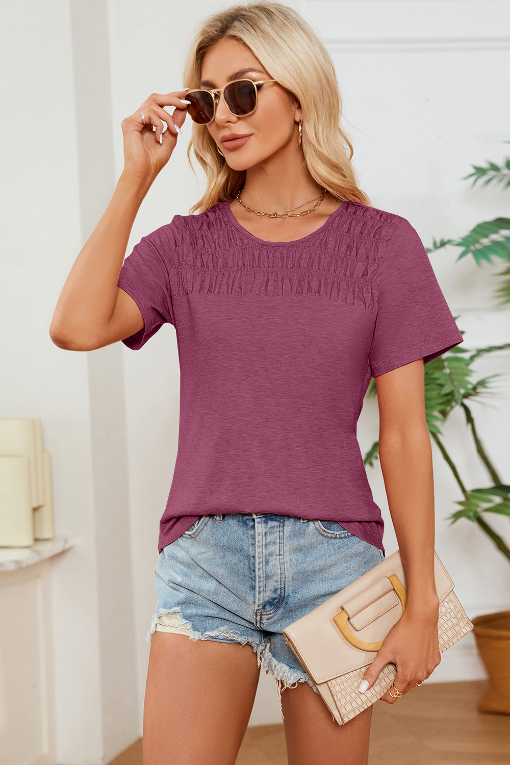 Ruched Round Neck Short Sleeve T-Shirt Casual Chic Boutique