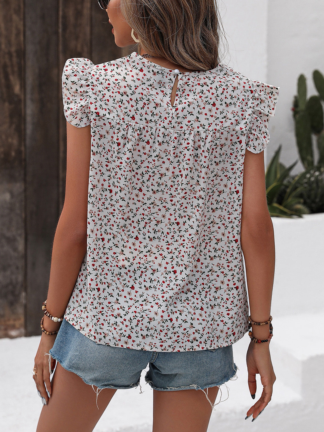 Ruffled Printed Round Neck Cap Sleeve Blouse Trendsi