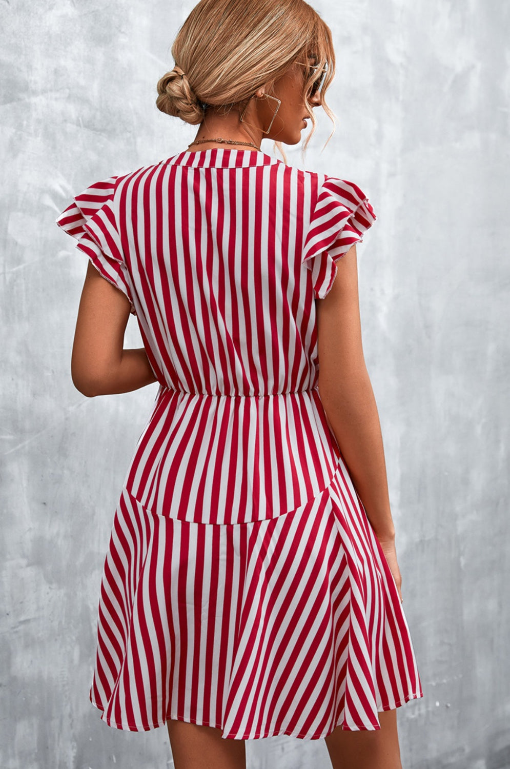 Ruffled Striped Cap Sleeve Mini Dress Trendsi