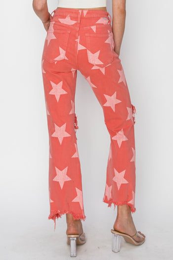 RISEN Full Size Distressed Raw Hem Star Pattern Jeans Trendsi