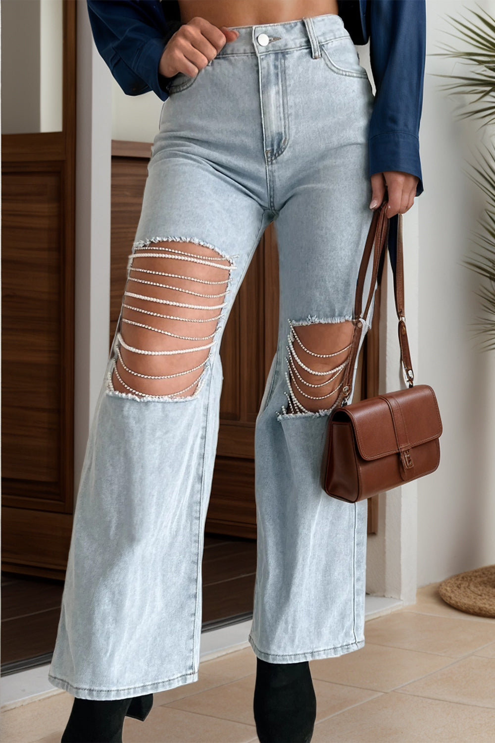 Distressed Bead Chain Straight Jeans Trendsi