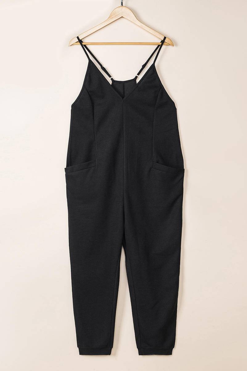 Textured Black Sleeveless V-Neck Pocketed Jumpsuit Kiwidrop