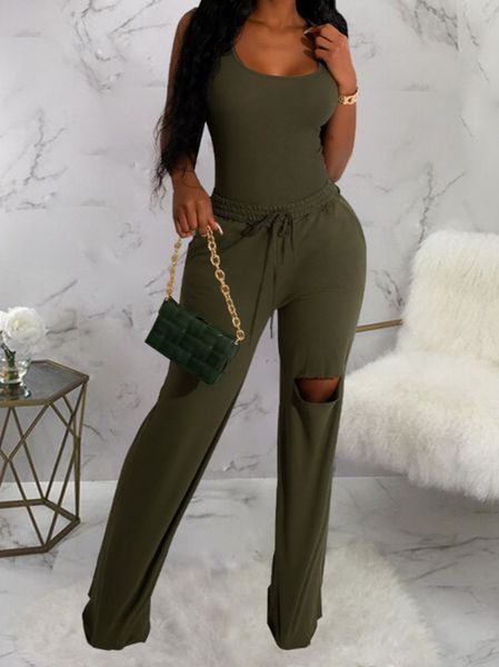 Scoop Neck Racerback Bodysuit and Distressed Wide Leg Pant. 2pc set HWF57Y2SD3 Casual Chic Boutique