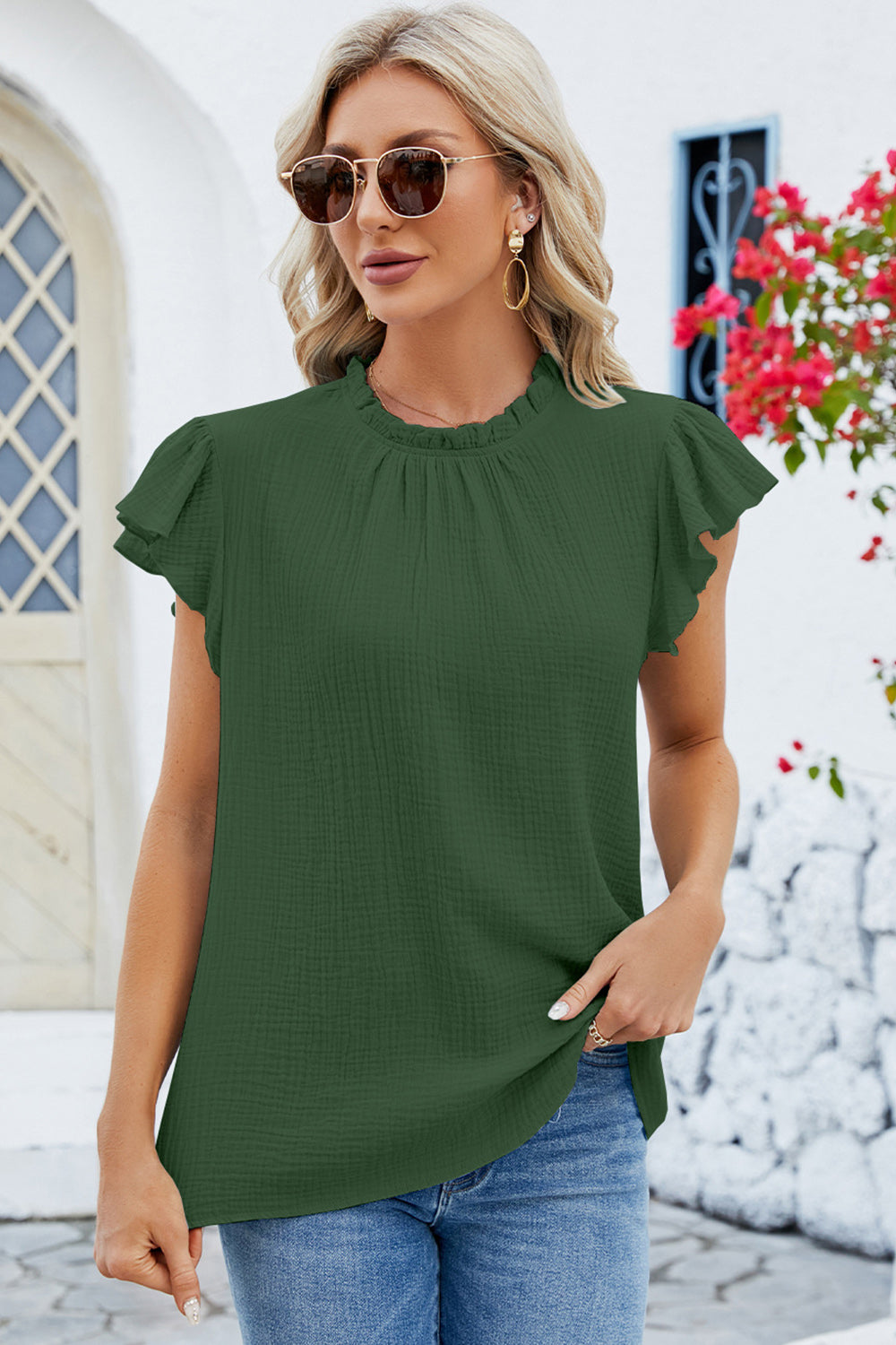 Ruffled Round Neck Cap Sleeve Blouse Casual Chic Boutique