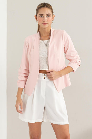 HYFVE Open Front Ruched Sleeve Blazer Trendsi