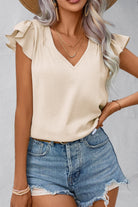 Ruffled V-Neck Cap Sleeve Blouse Trendsi