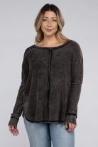 Plus Washed Baby Waffle Oversized Long Sleeve Top ZENANA