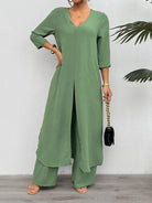 Women's Solid 2-PC Set Long Split Top Wide Leg Pant Suit H8ZF4E3S2Z Casual Chic Boutique