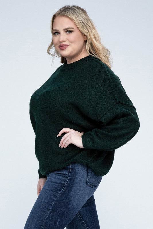 Plus Oversized Round Neck Raw Seam Melange Sweater ZENANA