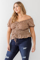 Zenobia Plus Size Frill Ruched Off-Shoulder Short Sleeve Blouse Zenobia