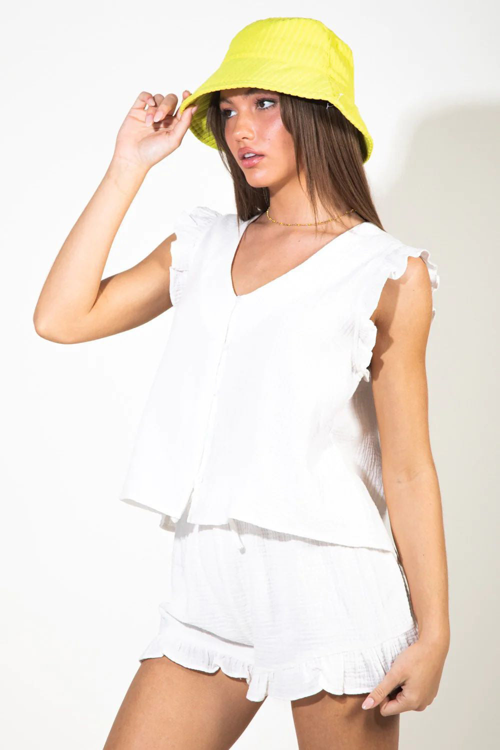 Ruffled V-Neck Cap Sleeve and Shorts Set Trendsi