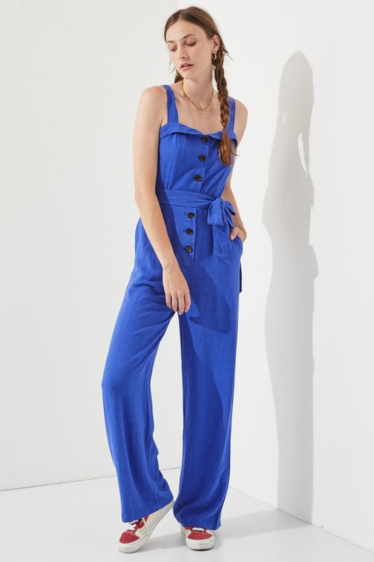 SLEEVELESS ADJUSTABLE STRAP BUTTON DOWN JUMPSUIT Jade By Jane