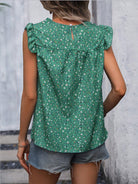 Ruffled Printed Round Neck Cap Sleeve Blouse Trendsi