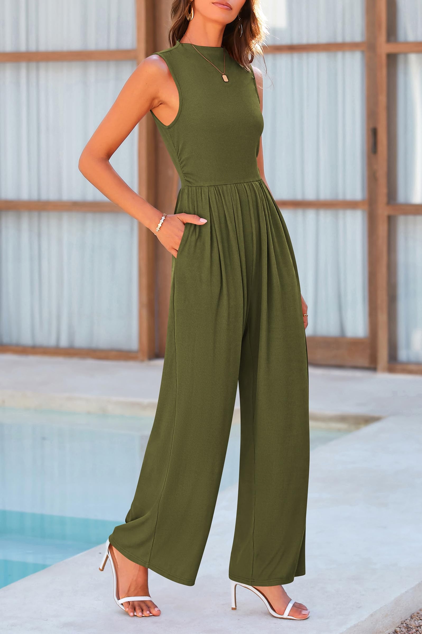 Mock Neck Sleeveless Wide Leg Jumpsuit Casual Chic Boutique