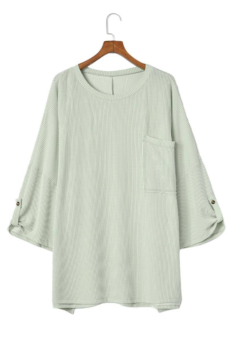 Corded Knit Roll-Tab Sleeve Oversize Top Kiwidrop