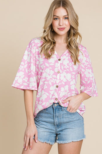 BOMBOM Floral Decorative Button V-Neck Top Trendsi