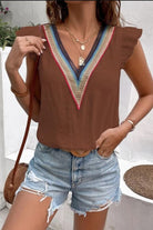 Full Size Ruffled V-Neck Cap Sleeve Blouse Trendsi