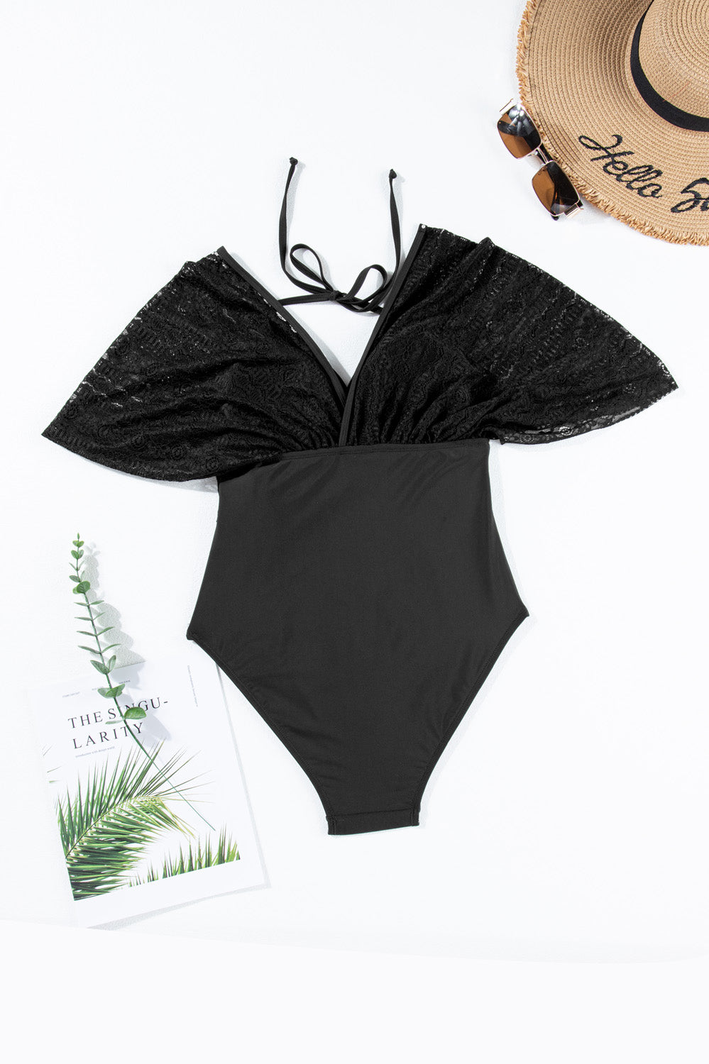 Tied Lace Detail V-Neck Half Sleeve One-Piece Swimwear Trendsi