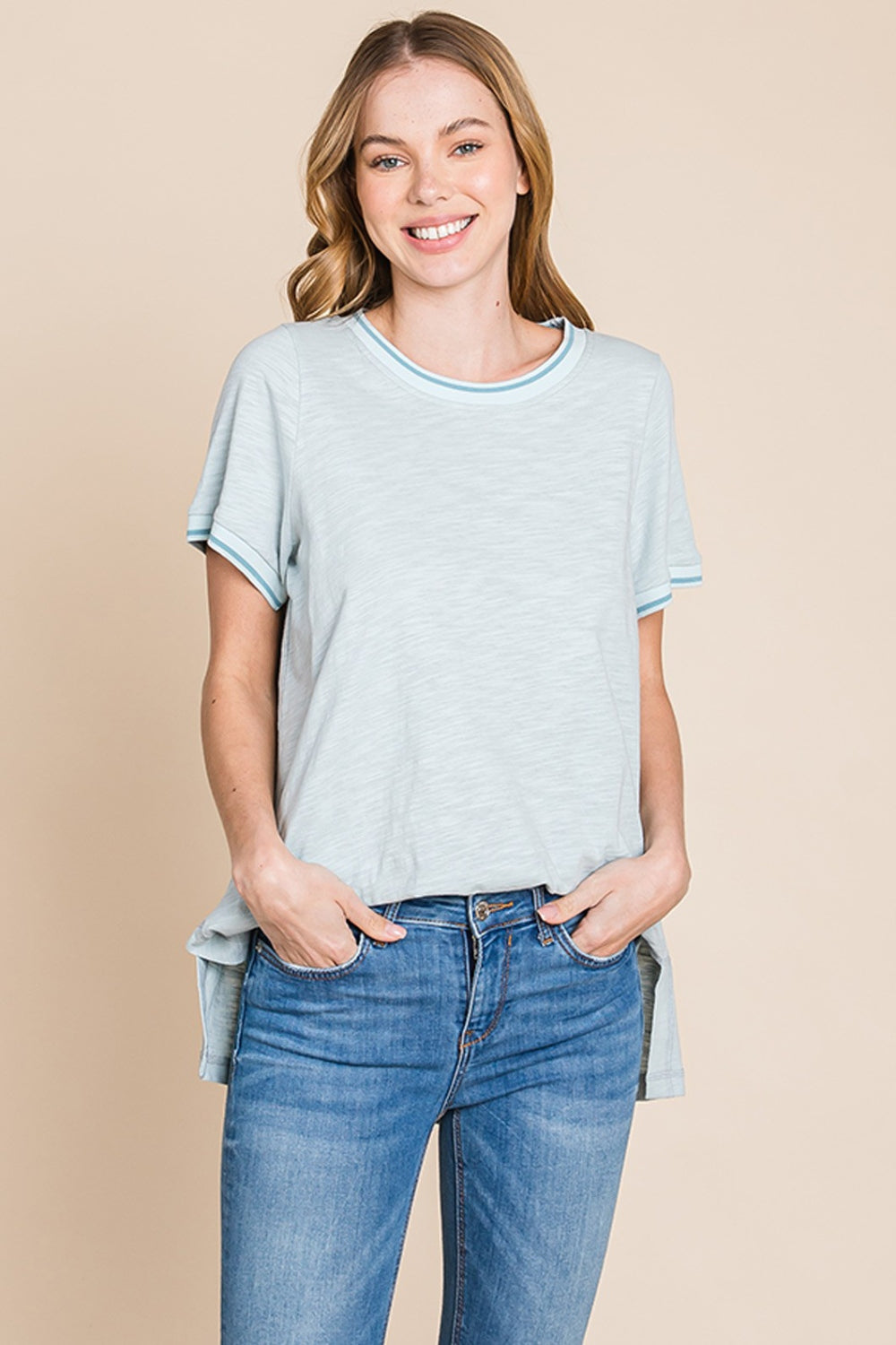 Cotton Bleu by Nu Lab Contrast Trim Short Sleeve Slit T-Shirt Trendsi