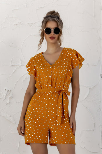 Ruffled Polka Dot Half Button Romper Trendsi