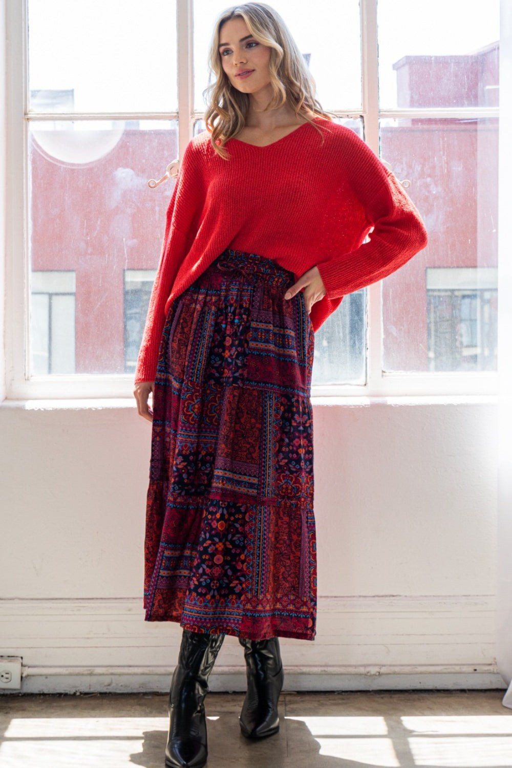 ODDI Full Size Printed Tiered Maxi Skirt Trendsi