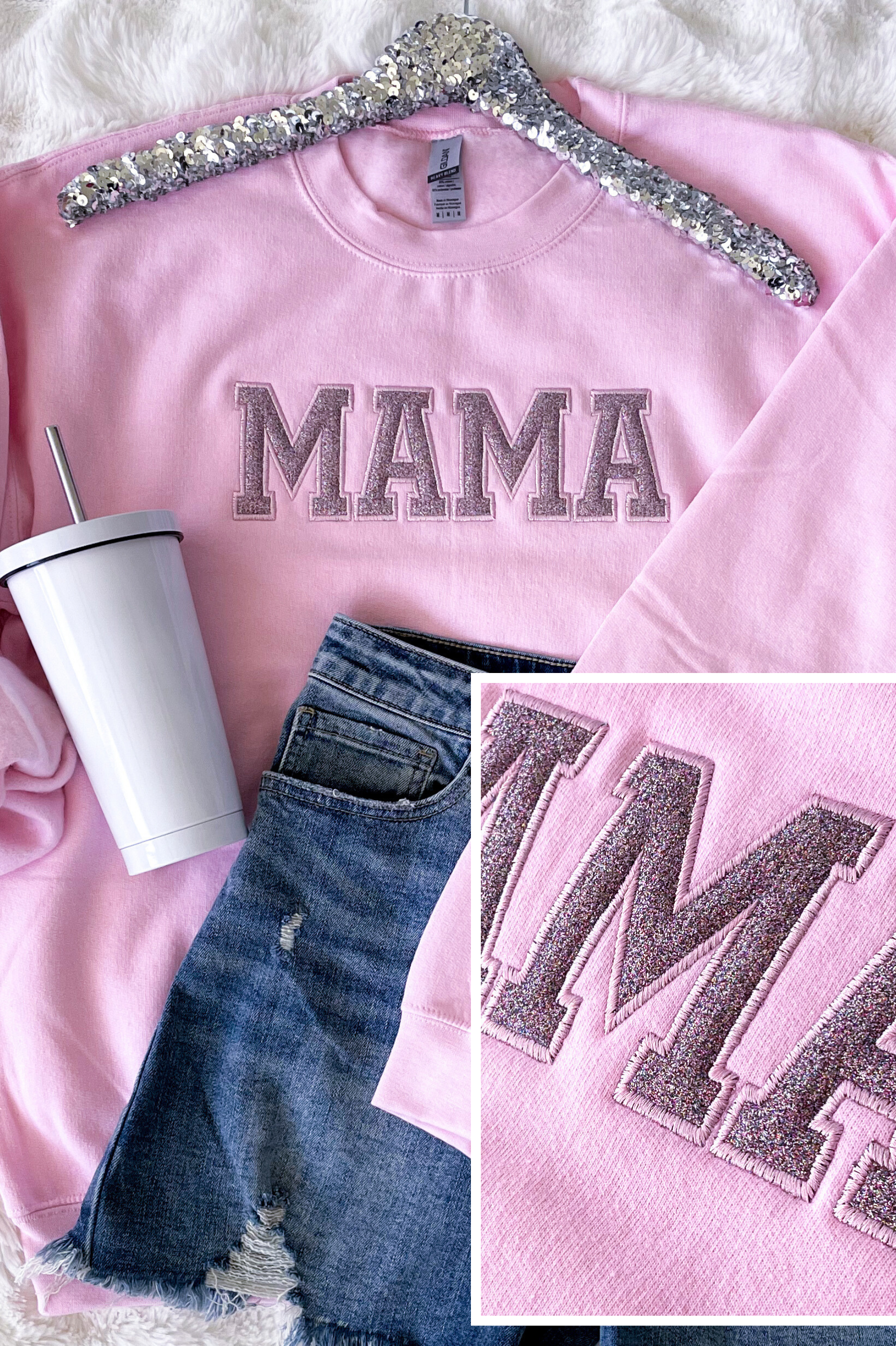 PREORDER: Mama Embroidered Glitter Sweatshirt in Pink Ave Shops