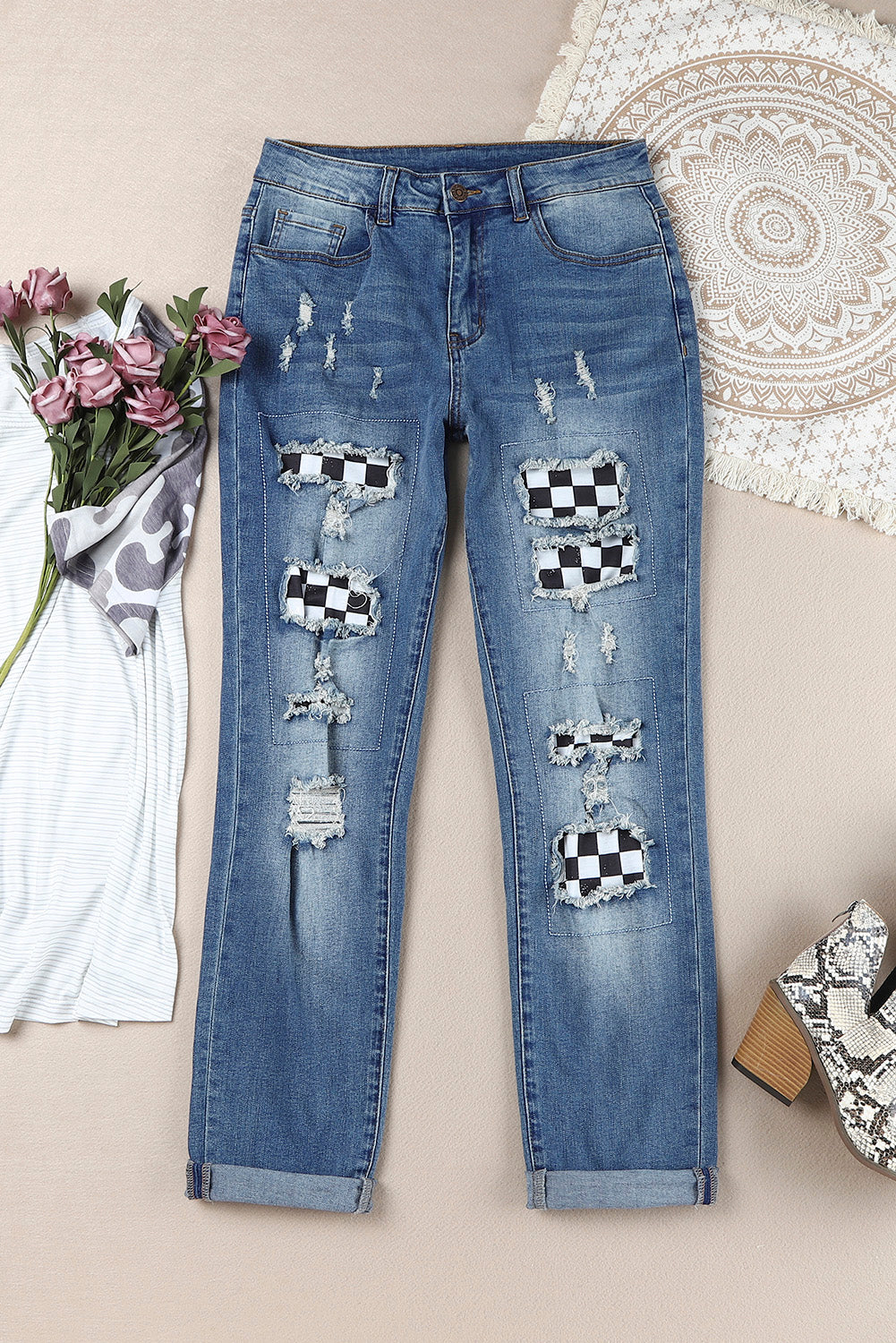 Baeful Checkered Patchwork Mid Waist Distressed Jeans Trendsi