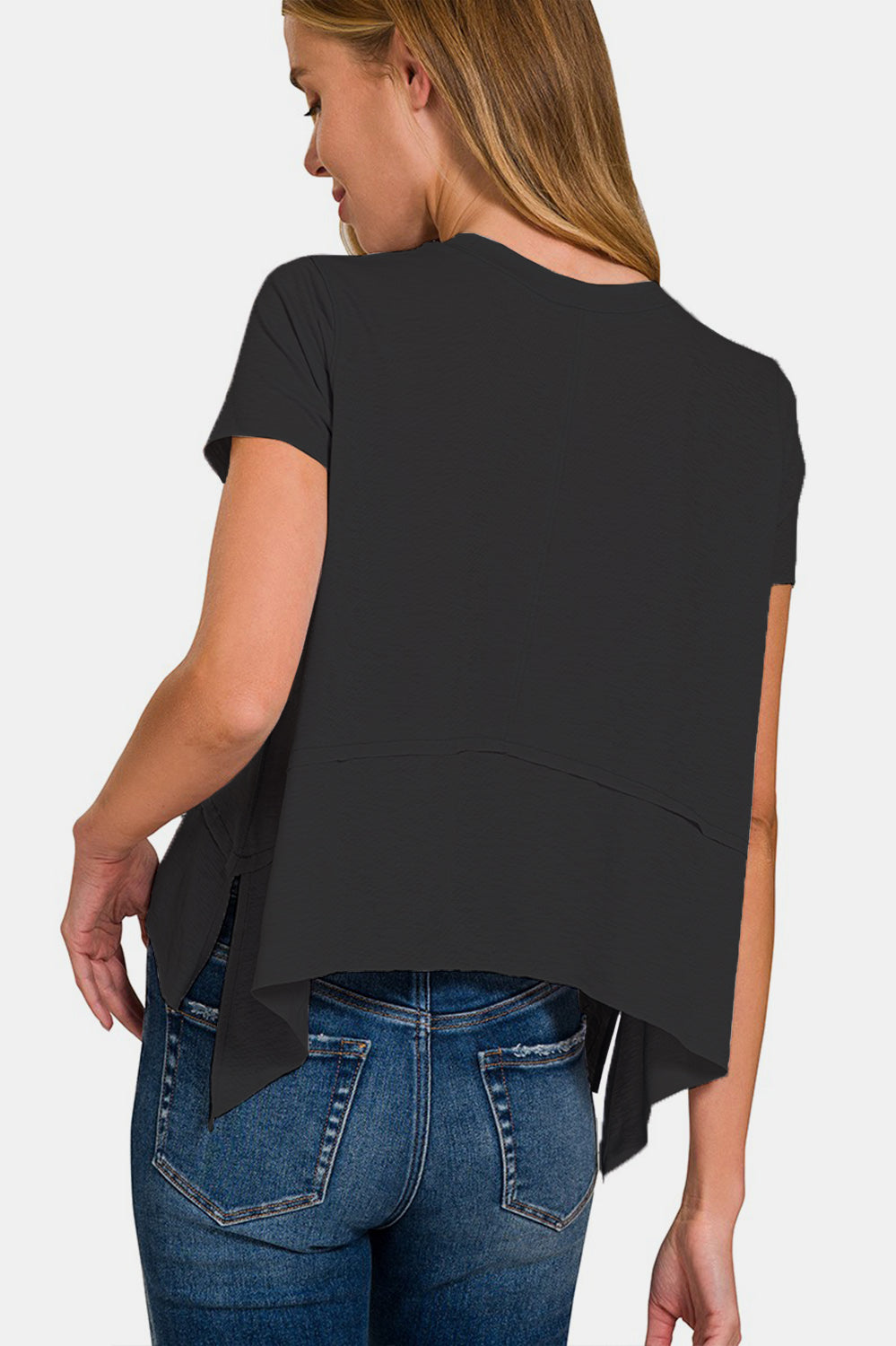 Zenana Slit High-Low Round Neck T-Shirt Trendsi