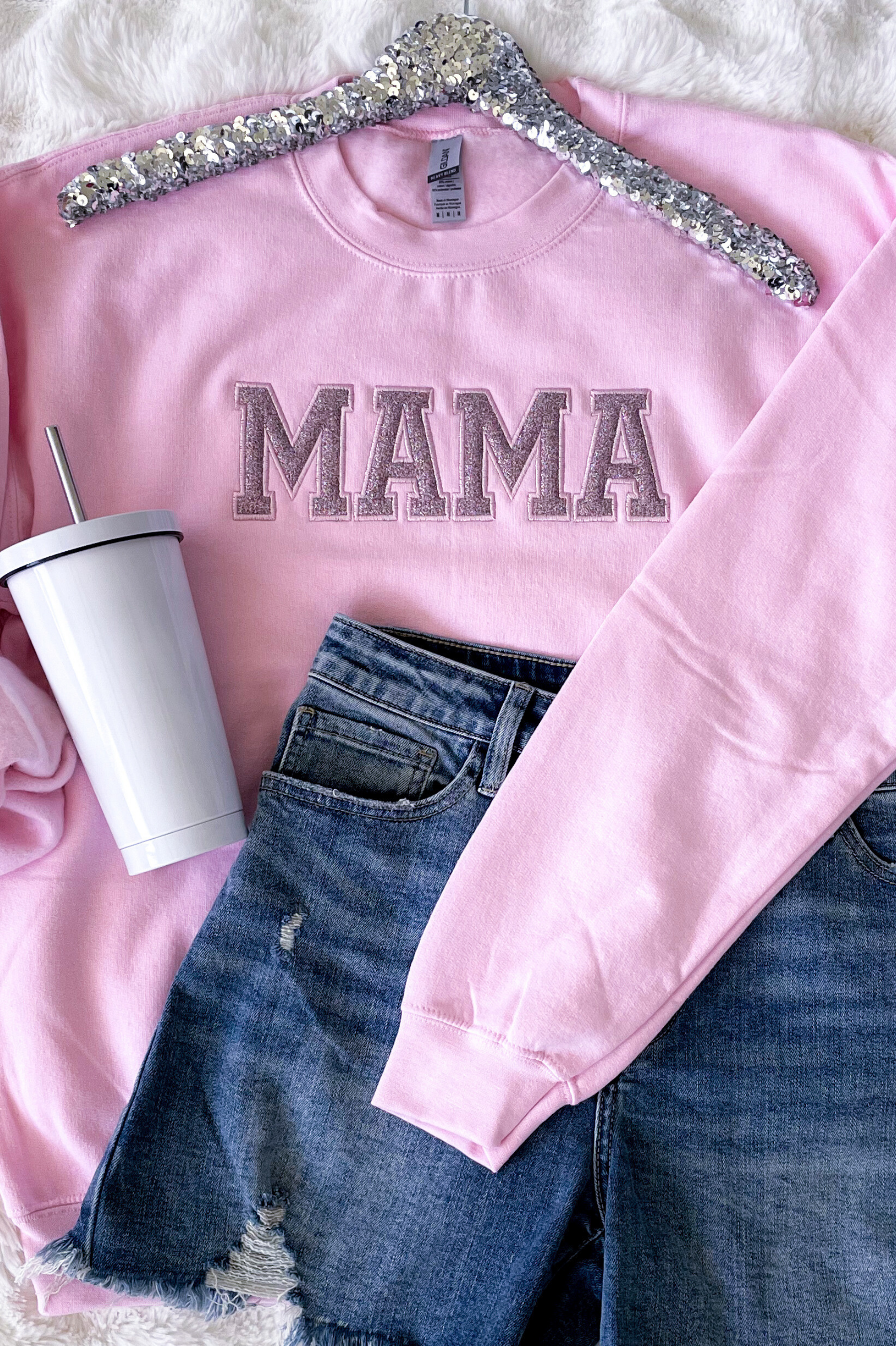 PREORDER: Mama Embroidered Glitter Sweatshirt in Pink Ave Shops