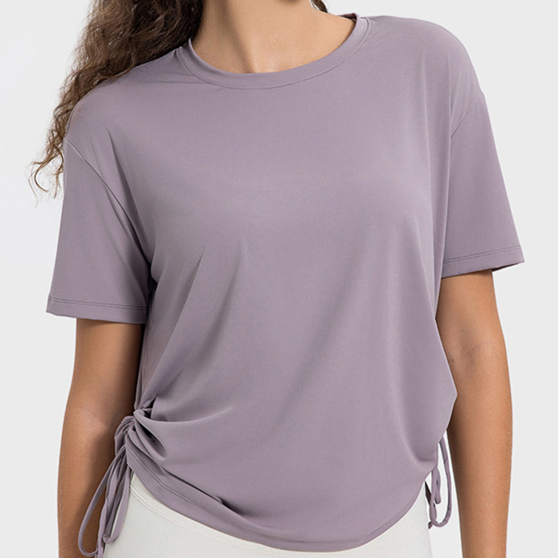 Drawstring Round Neck Short Sleeve Active T-Shirt Trendsi