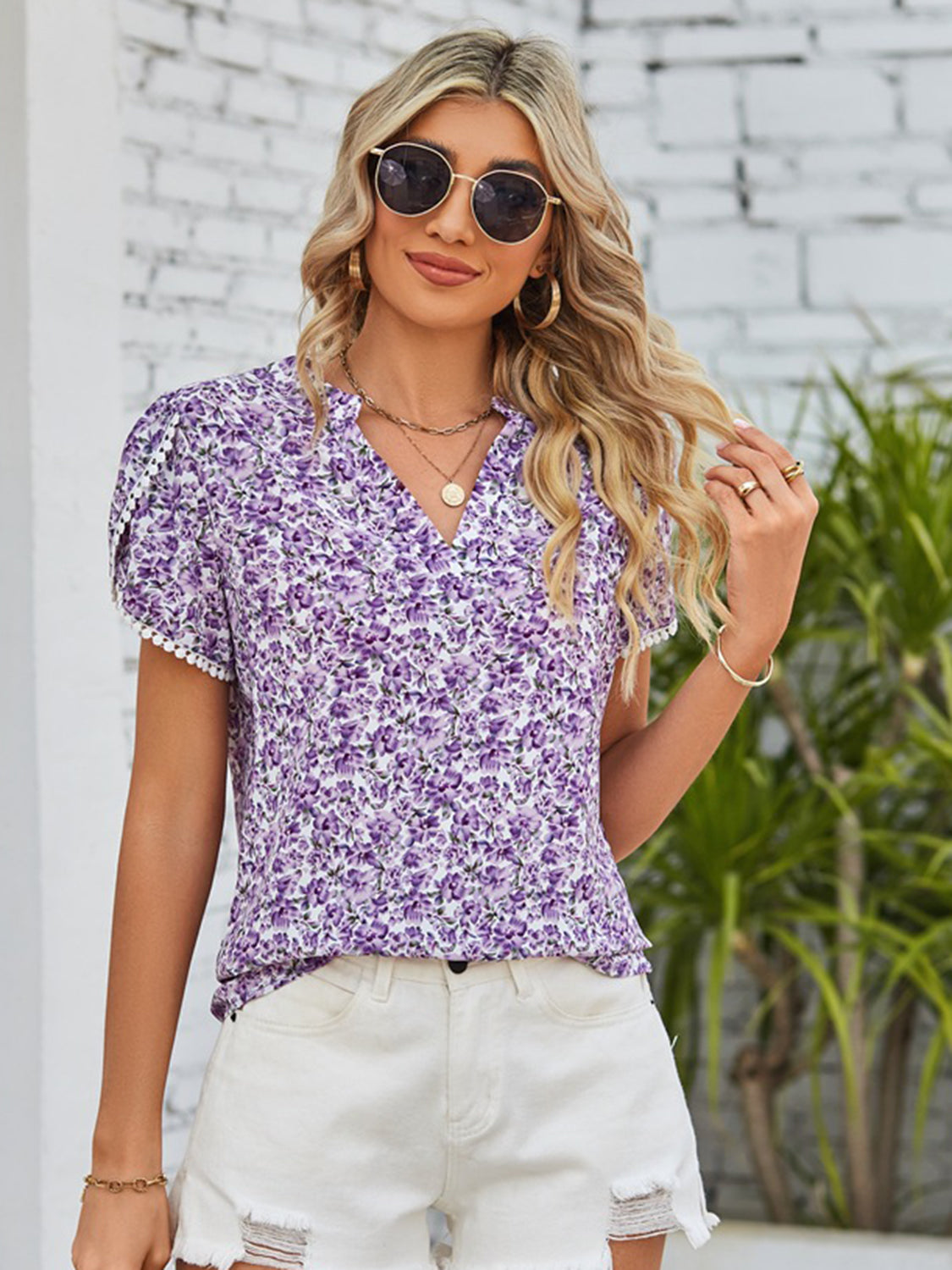 Double Take Floral Notched Neck Blouse Trendsi