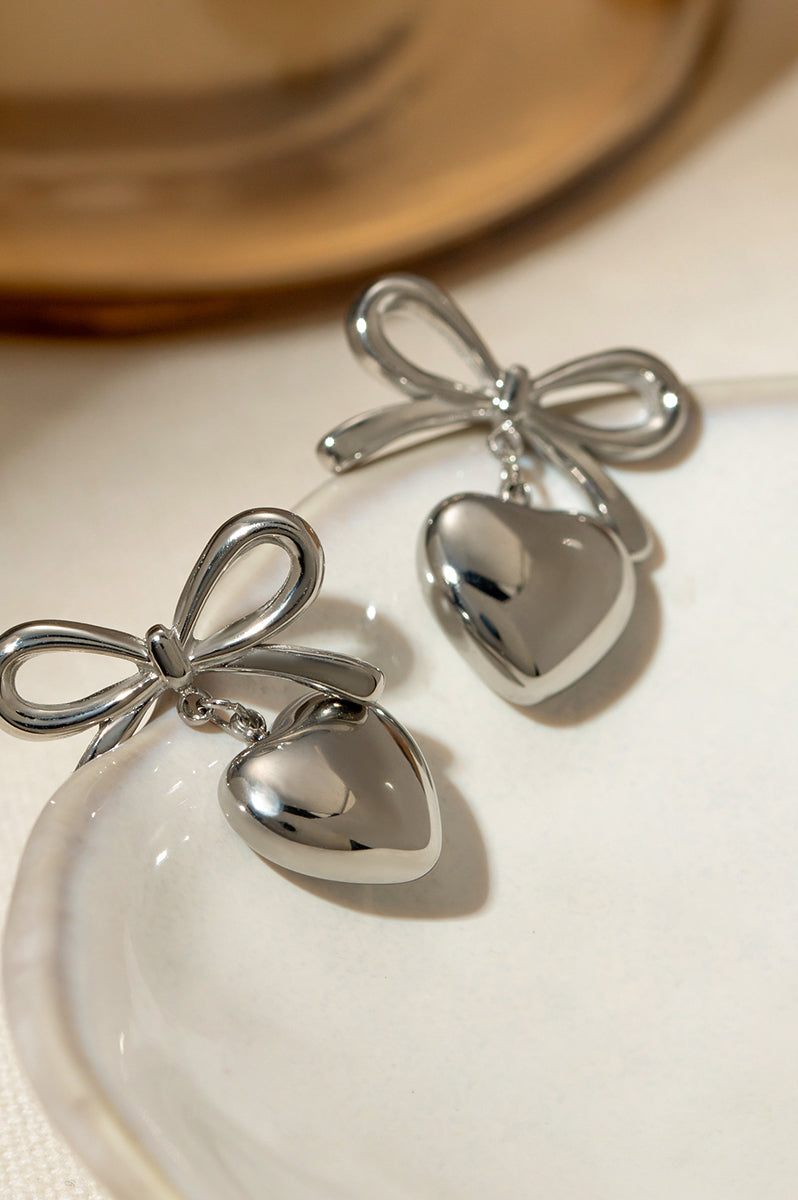 Stainless Steel Bow & Heart Drop Earrings Trendsi