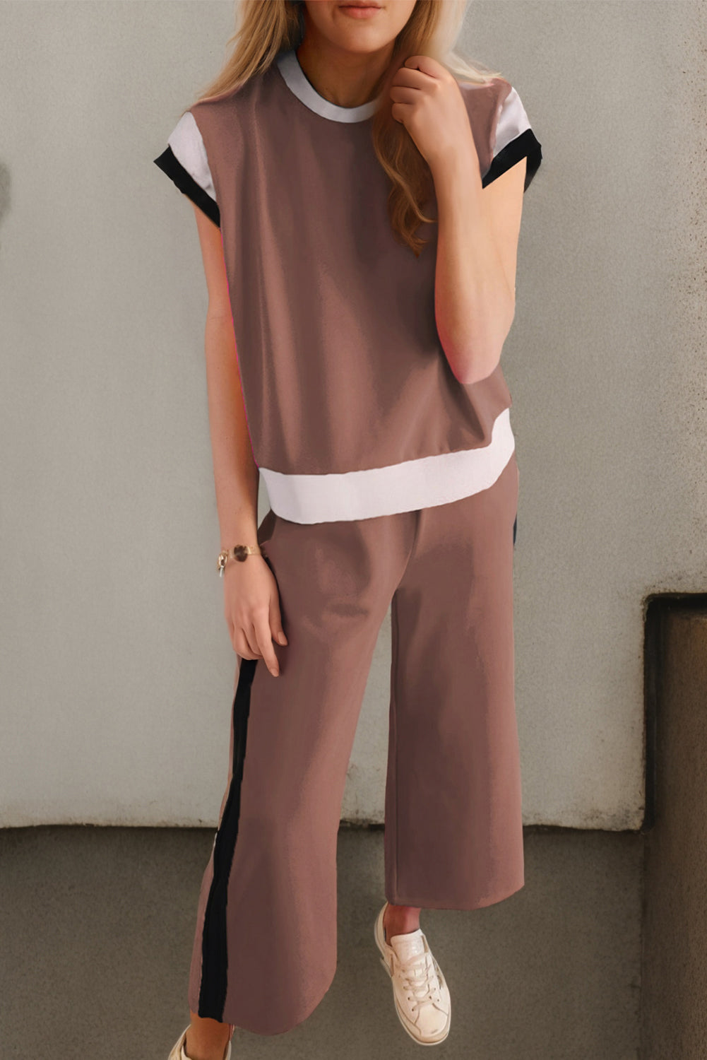 Contrast Round Neck Top and Pants Set Trendsi