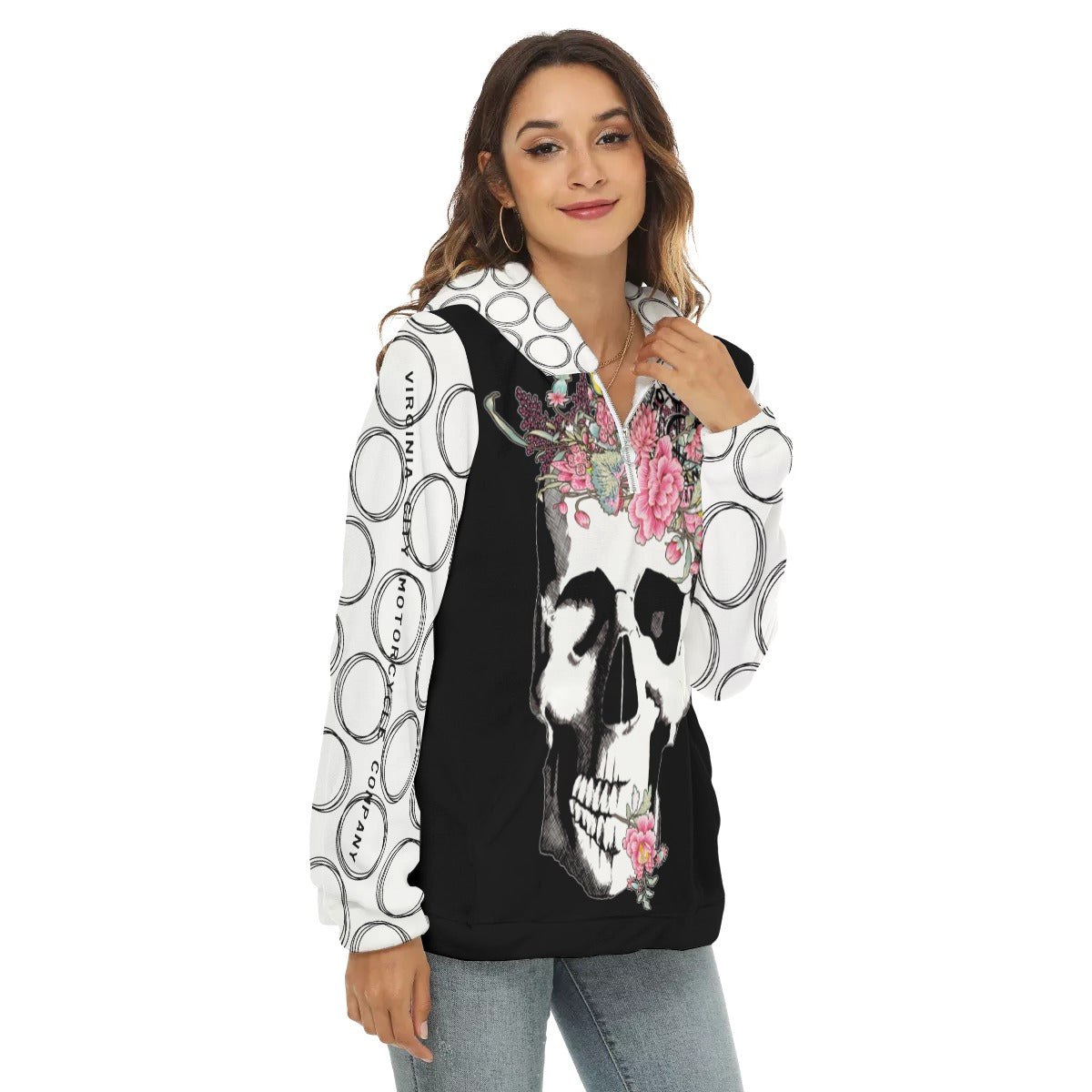 Skull + Flower - Women's Fuzzy Fleece Hoodie With Half Zip Virginia City Motorcycle Company